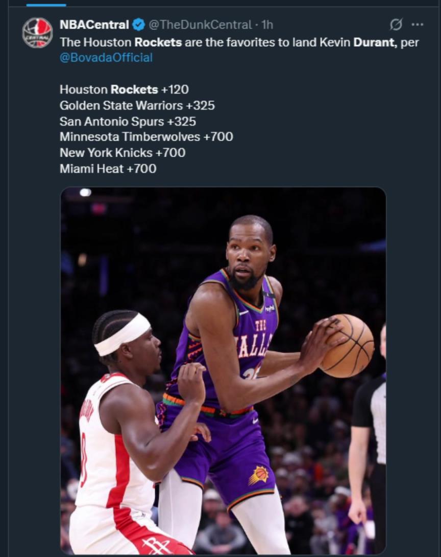 難道說？美媒曬杜蘭特下家賠率，火箭大幅度領(lǐng)跑！